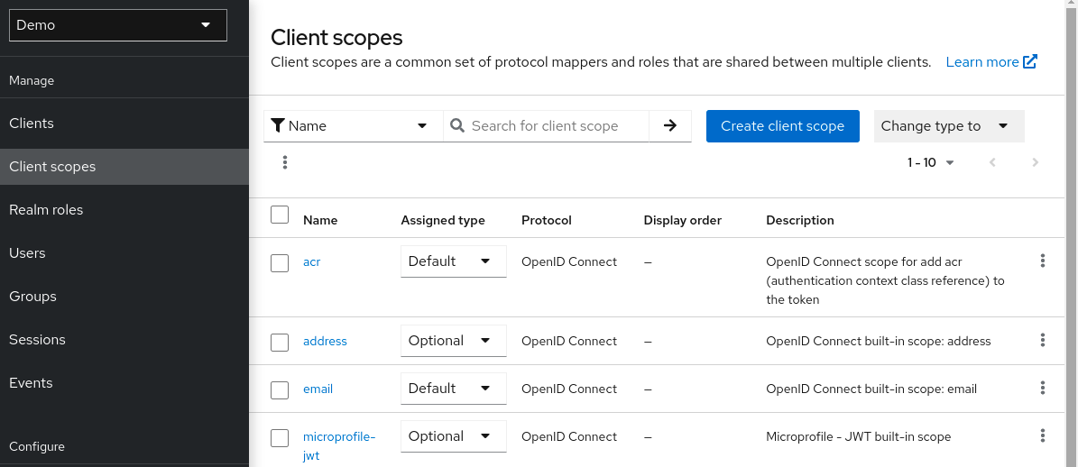 client scopes list