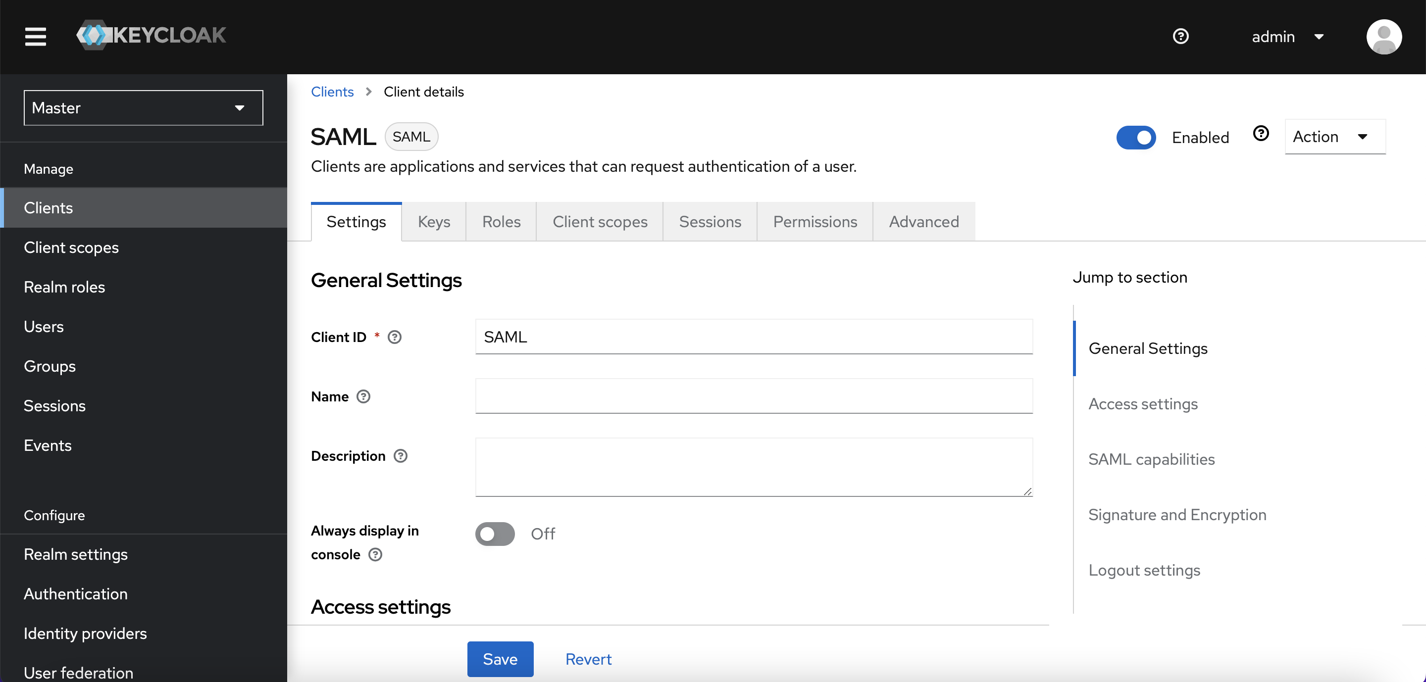 client settings saml