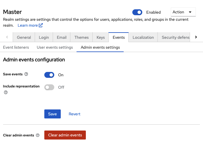 Admin events settings