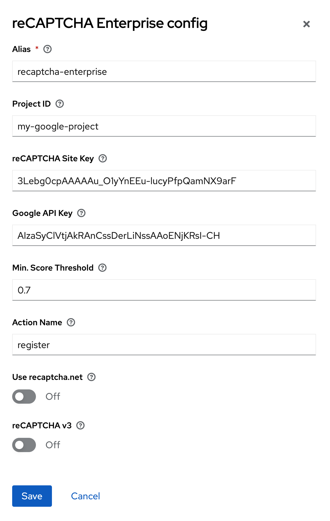 recaptcha enterprise config